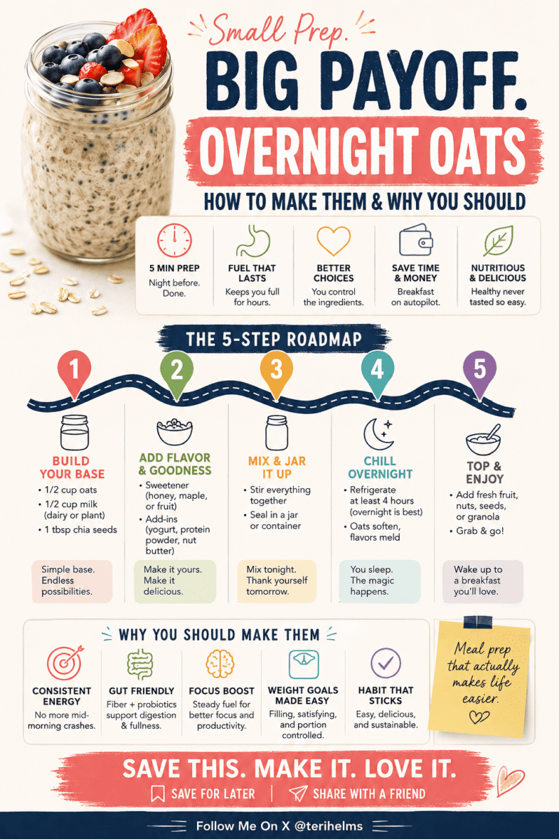 Healthy overnight oats with berries in a jar, promoting nutritious breakfast options and meal prep.