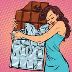 A woman with long brown hair hugging a giant chocolate bar, symbolizing love for sweets.