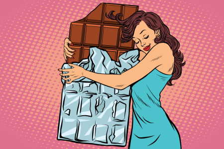 A woman with long brown hair hugging a giant chocolate bar, symbolizing love for sweets.